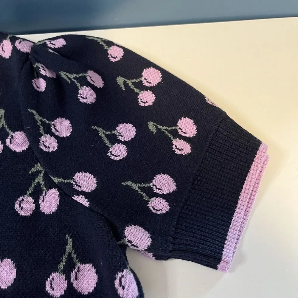 On 34th Fun Cherry Sweater Navy & Lavender Jacquard Knit Elbow Sleeve Sz 2X - Picture 5 of 13